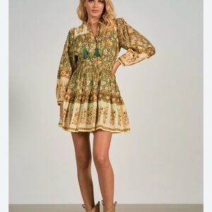 Elan Athena Floral Boho Festival Mini Dress Jade Monterey 100% Cotton Sz Large